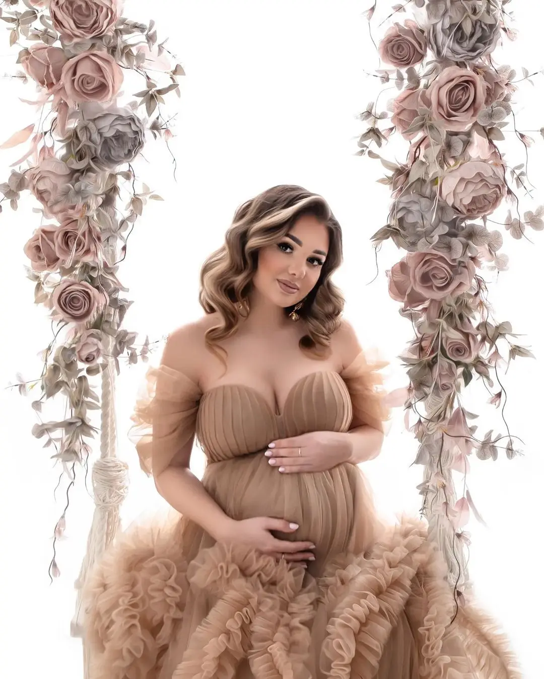 Dream Ruffled Tulle Maternity Dress Pregnancy Woman Photo Shoot Gown Extra Lush Tulle Brown Maternity Dresses Babyshower Dress