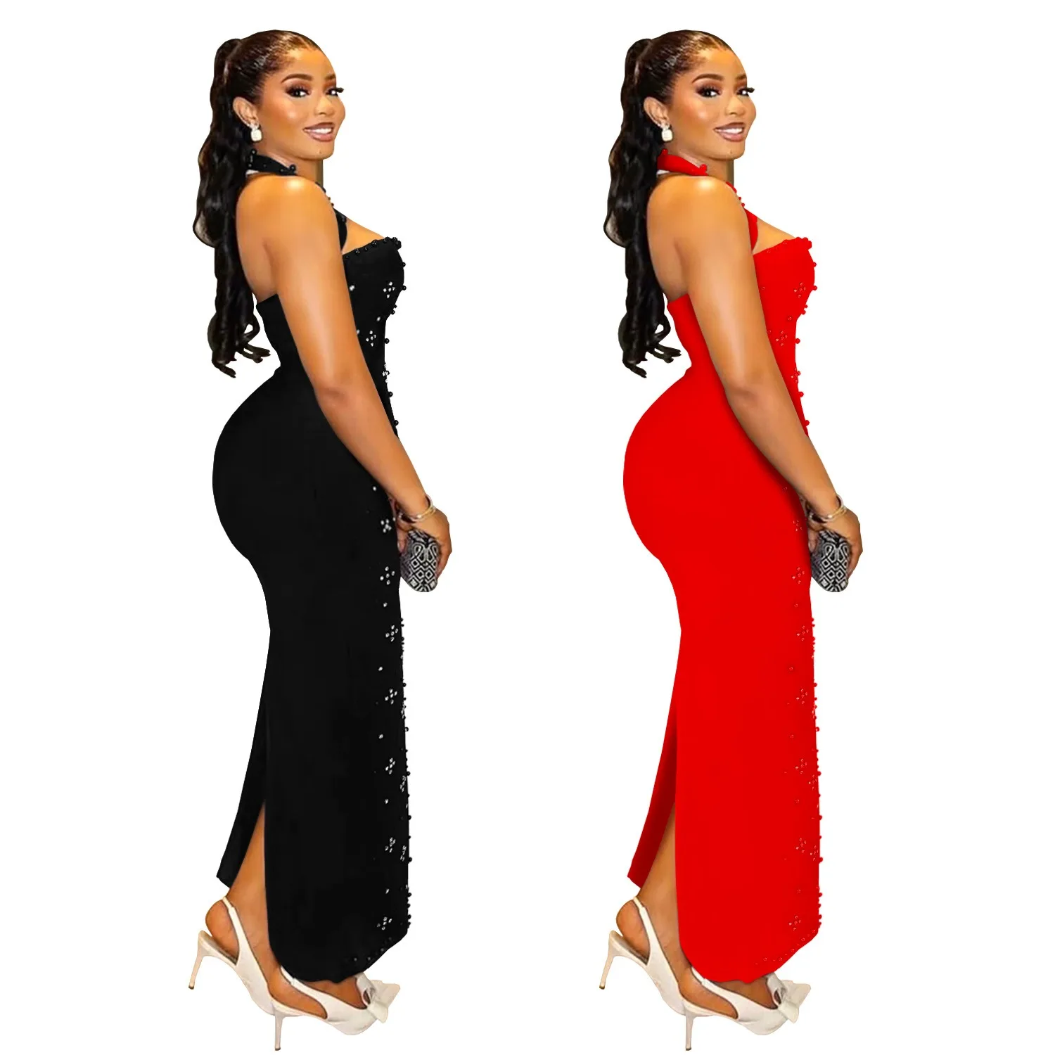 Abiti sexy per feste in discoteca, banchetti, club, ballo di fine anno, collo appeso, perline a bolle di perforazione a caldo