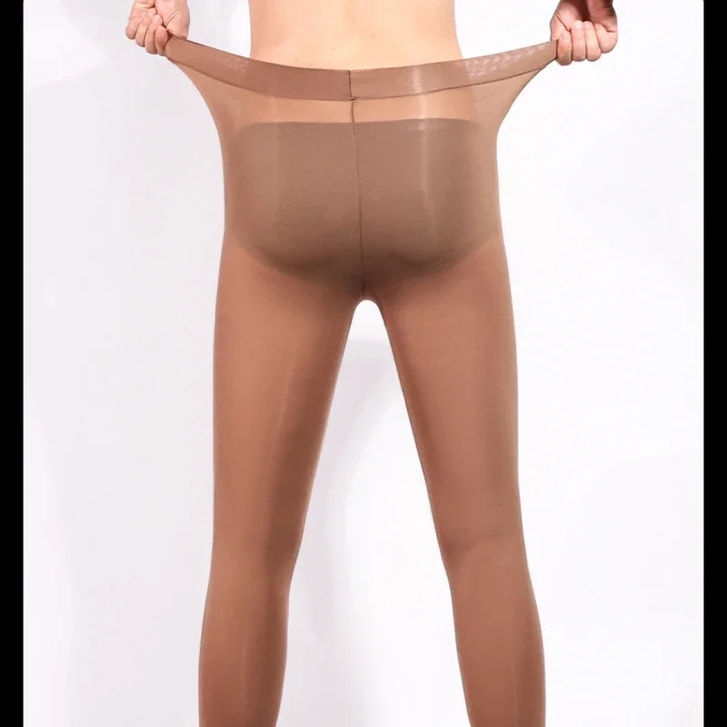 

Men Thermal Underwear Leggings Oil Shiny U Convex Pouch Stockings Transparent Mesh Night Club Wear Seamless Baselayer Pants