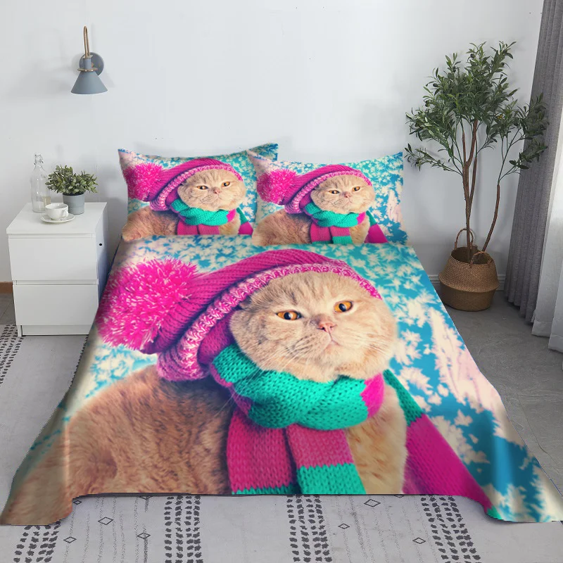 Lovely Cat Bed Sheet Set Digital Printing Polyester Bed Flat Sheet With Pillowcase Print Bedding Set 1/1.2/1.35/1.5/1.8/2.0m