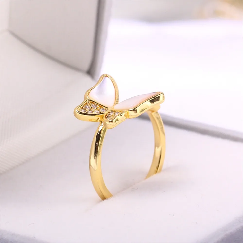 Copper Plated 18 Karat Butterfly Shell Zircon Pearl Ring Accessory with Adjustable DIY for Empty Holder Opening