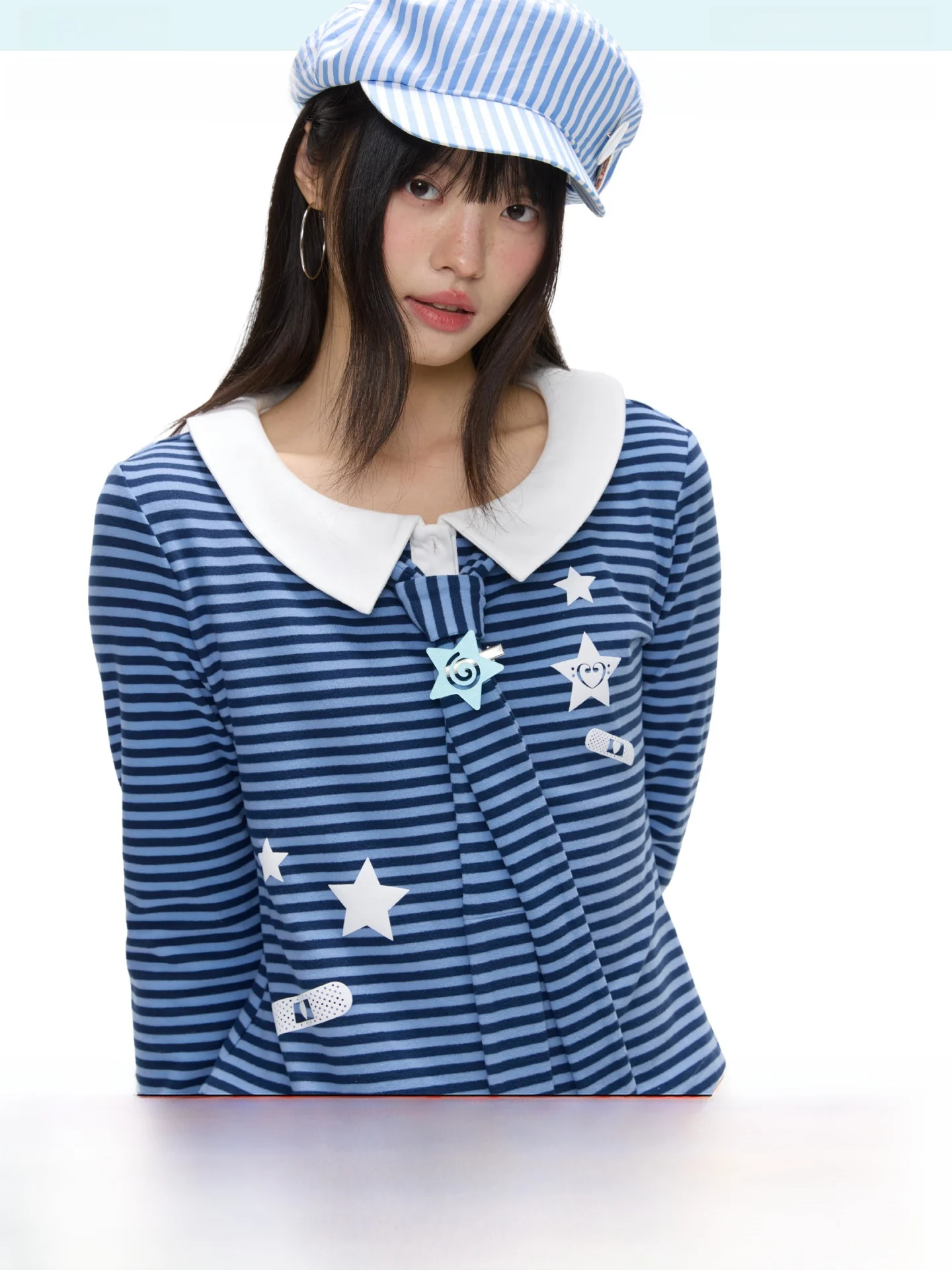 

Cute Long Sve T-irt Baby Doll Collar Star Print Casual Loose Fit Polyester Spandex Spring Navy Blue Seven Sve BENAND