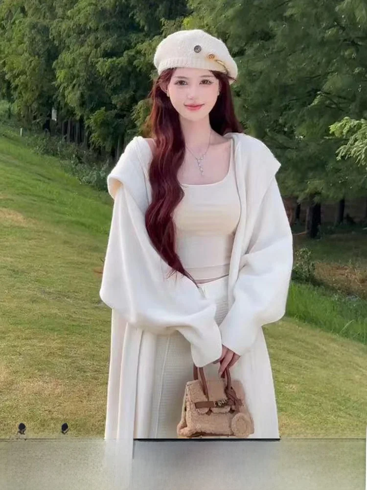 

Новогодний белый вязаный свитер, пальто, женский осенне-зимний вязаный кардиган средней длины, элитный кардиган для поездок на работу