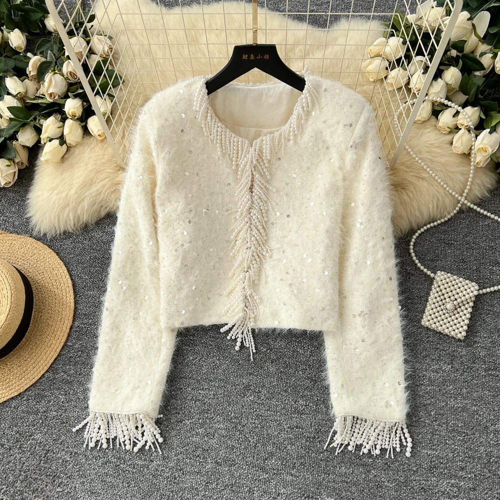 

Винтажная элегантная блузка с круглым вырезом и бисером, кисточками и длинными рукавами, модная рубашка, повседневный топ, сказочная женская рубашка