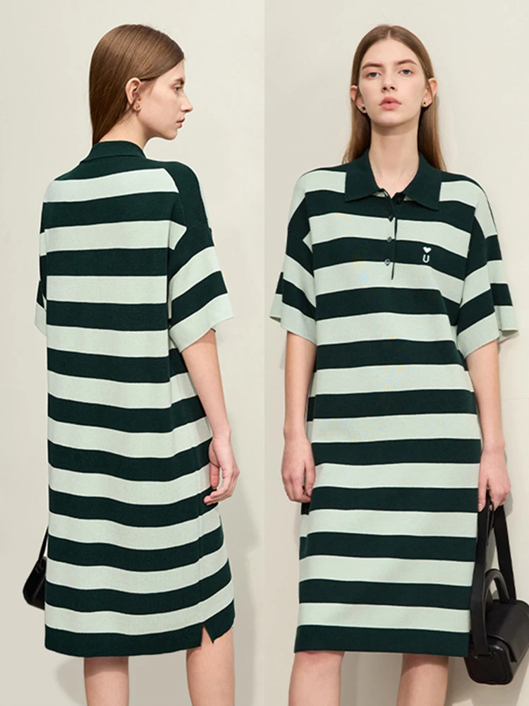 Amii Minimalism Embroidery Striped Dress for Women 2024 Spring New POLO Neck Half Drop Sleeves Casual Knit Dress Loose 12441280