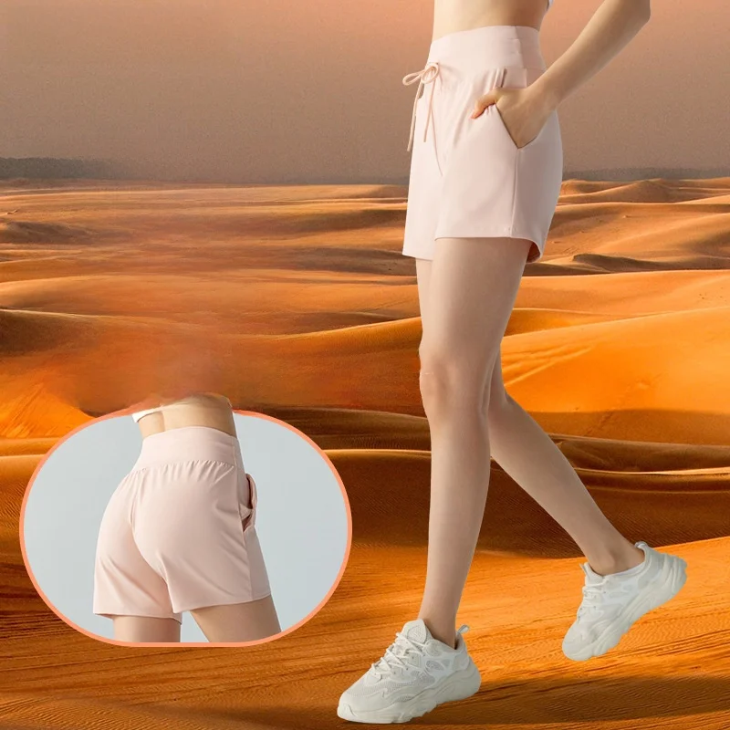Calções de fitness com cordão casual feminino bolso duplo ao ar livre correndo respirável calças de yoga pele-amigável all-match estilo nu