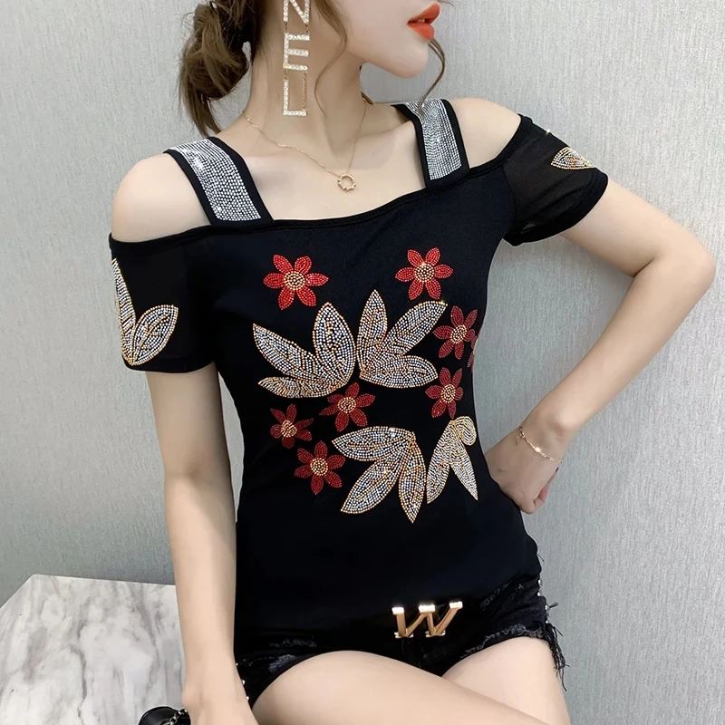 European New Summer Female Fashion Clothes T-Shirt Sexy Off Shoulder Shiny Diamonds Mesh Tops Women All Match Tees Blouse