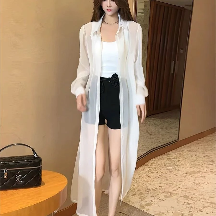 

Новинка 2025, летний длинный воротник све, солнцезащитный крем, хлопок, полиэфирное волокно, свободный крой, кардиган средней длины, женский irt