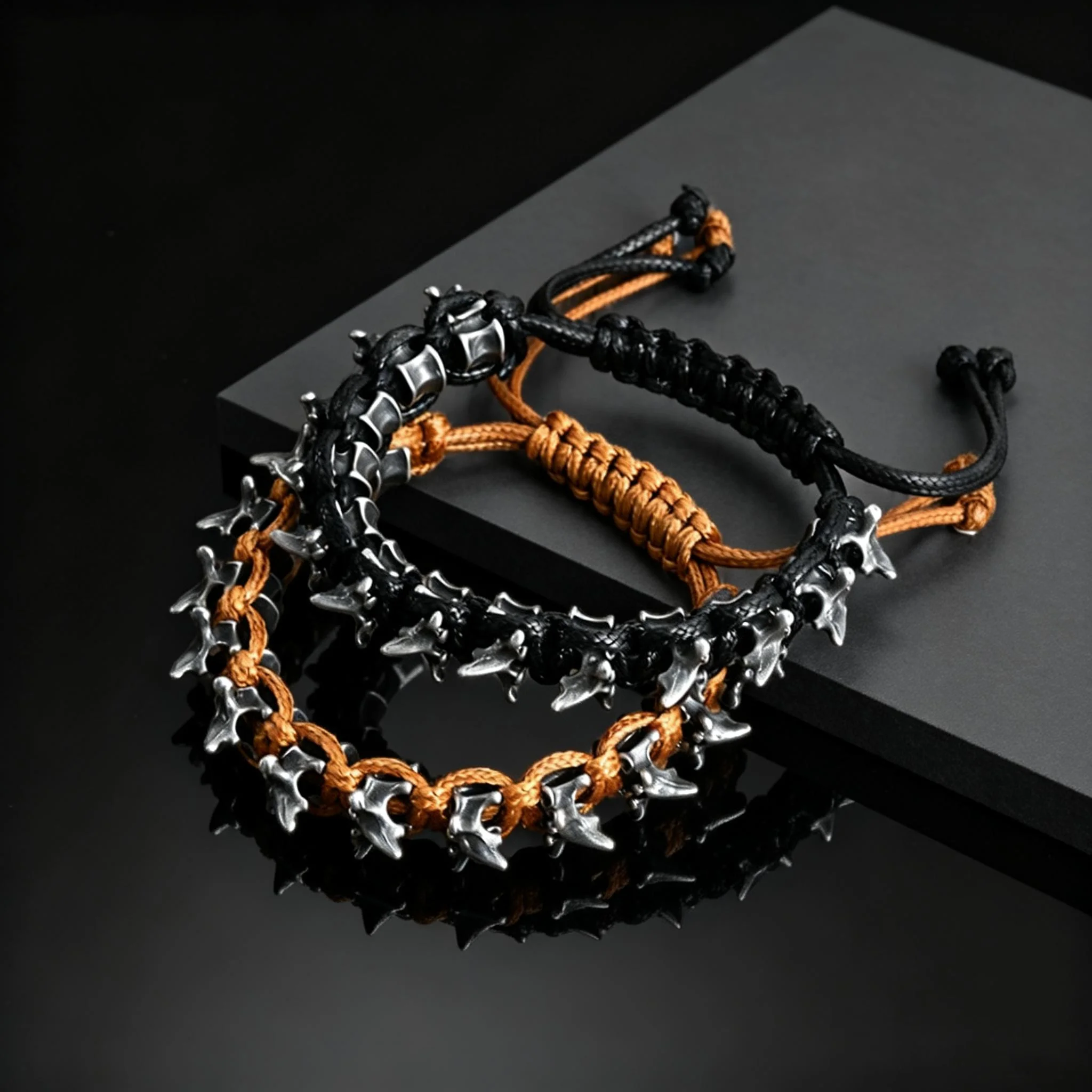Fashion Gothic Metal Dragon Thorny Spine Woven Rope Chain Adjustable Bracelet for Men Punk Hip Hop Jewelry