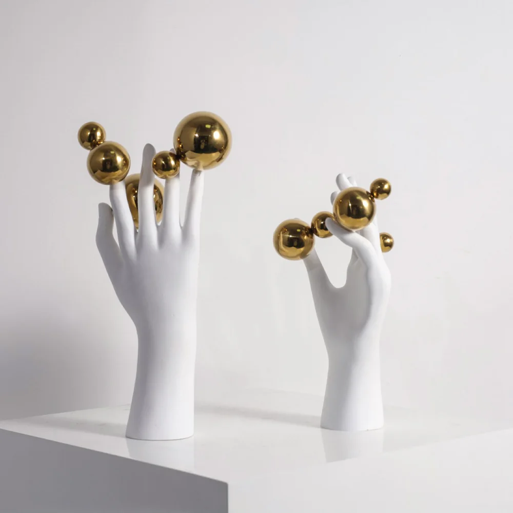 Exquisite White Hand Decorative Sculptures with Gold Balls, Ideal Home & Office Decor, Modern & Minimalist Abstract Art Crafts