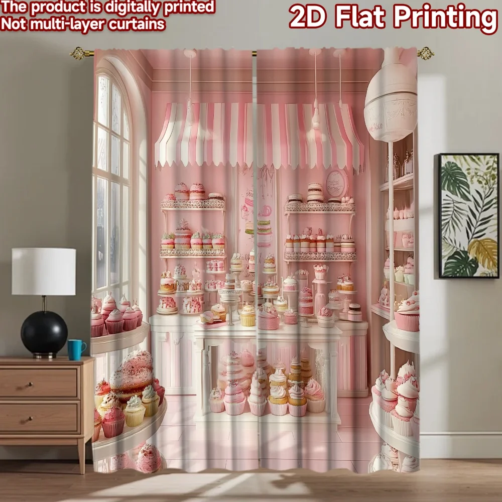 2D flat 2pcs Curtain Vintage drapes and curtains Birthday Pink Bakery Sweets Digitally printed polyester, colorfast Festive Wall