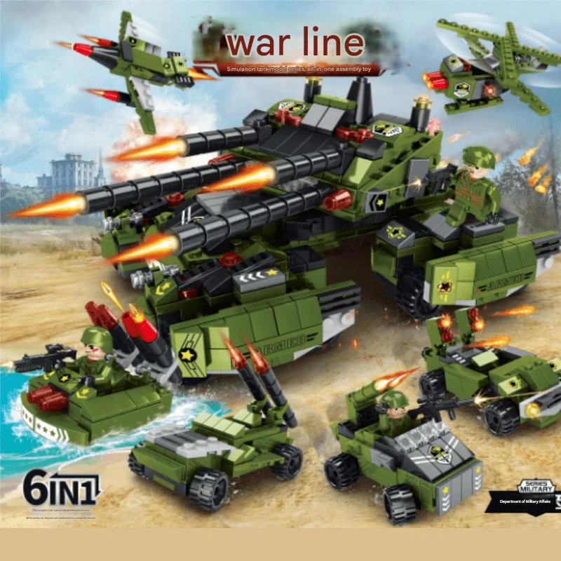 4連砲戦車組み立てブロック、戦車と装甲車両の組み立てセット、6-in-1＆1対1スケールモデル組み立て玩具（子供向け）