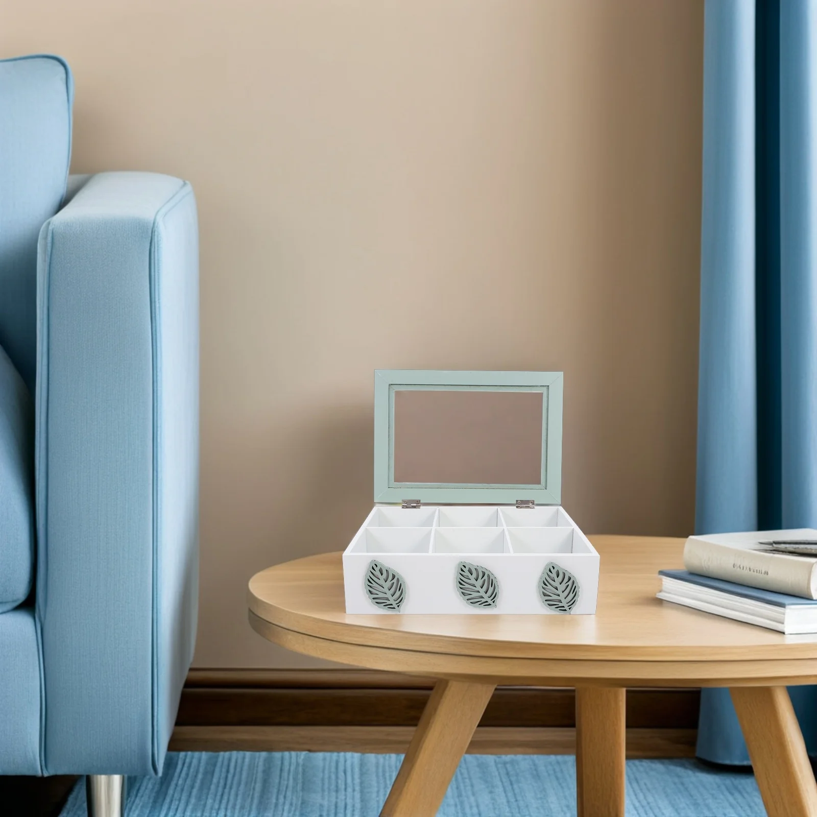 

Wooden Tea Organizer Box Decorative Chest Clear Glass Lid 6 Compartments Divided Storage Container Jewelry Snack Organizer