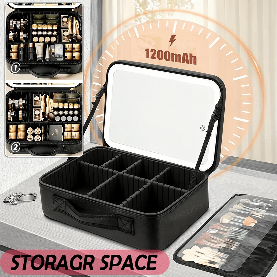 1pc,Travel Makeup Bag With LED Mirror, 3 Adjustable Light Modes, Adjustable Brightness (Long Press To Adjust), Removable Interna