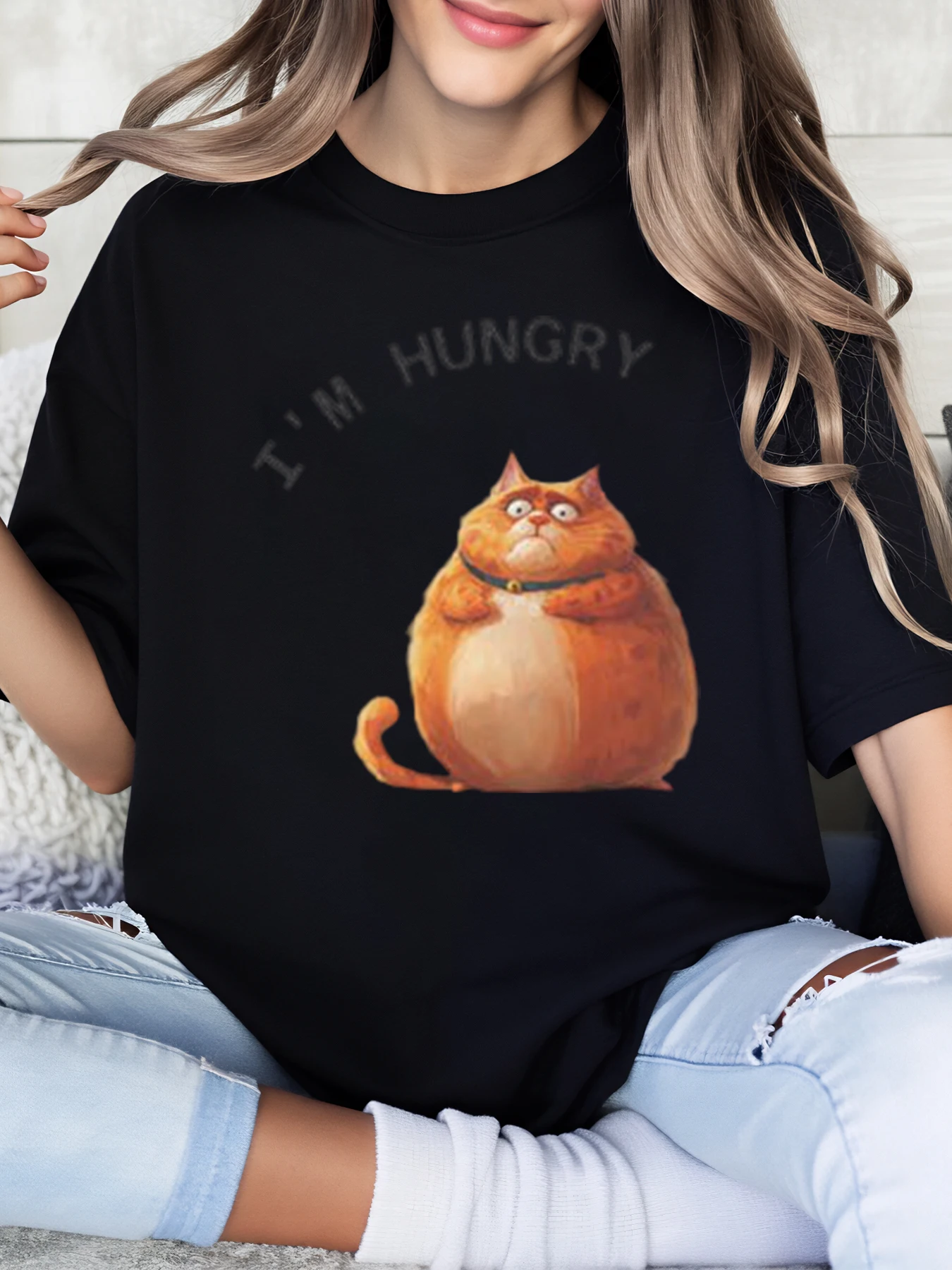 

I'M Hungry Cat Print T-Shirt Halloween Women's Casual Wear Black Plus-Size