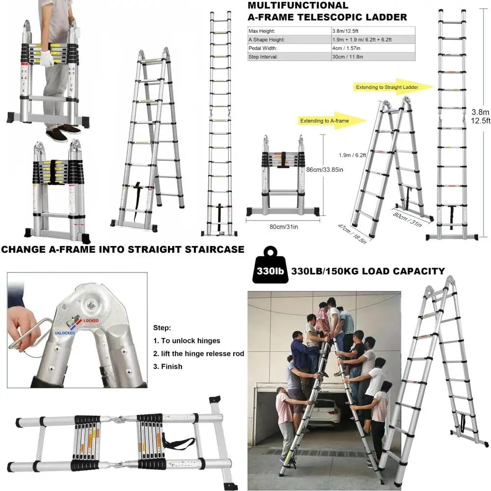 

12.5ft aluminum telescoping extension ladder 330lbs capacity type a lightweight portable multi-purpose folding with support bar