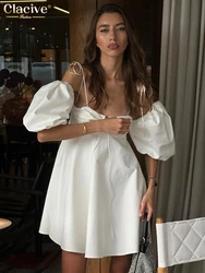Clacive Sexy Loose White Women's Dress 2025 Fashion Strap Short Sleeve Mini Dresses Elegant Classic Solid Dress Female Clothing