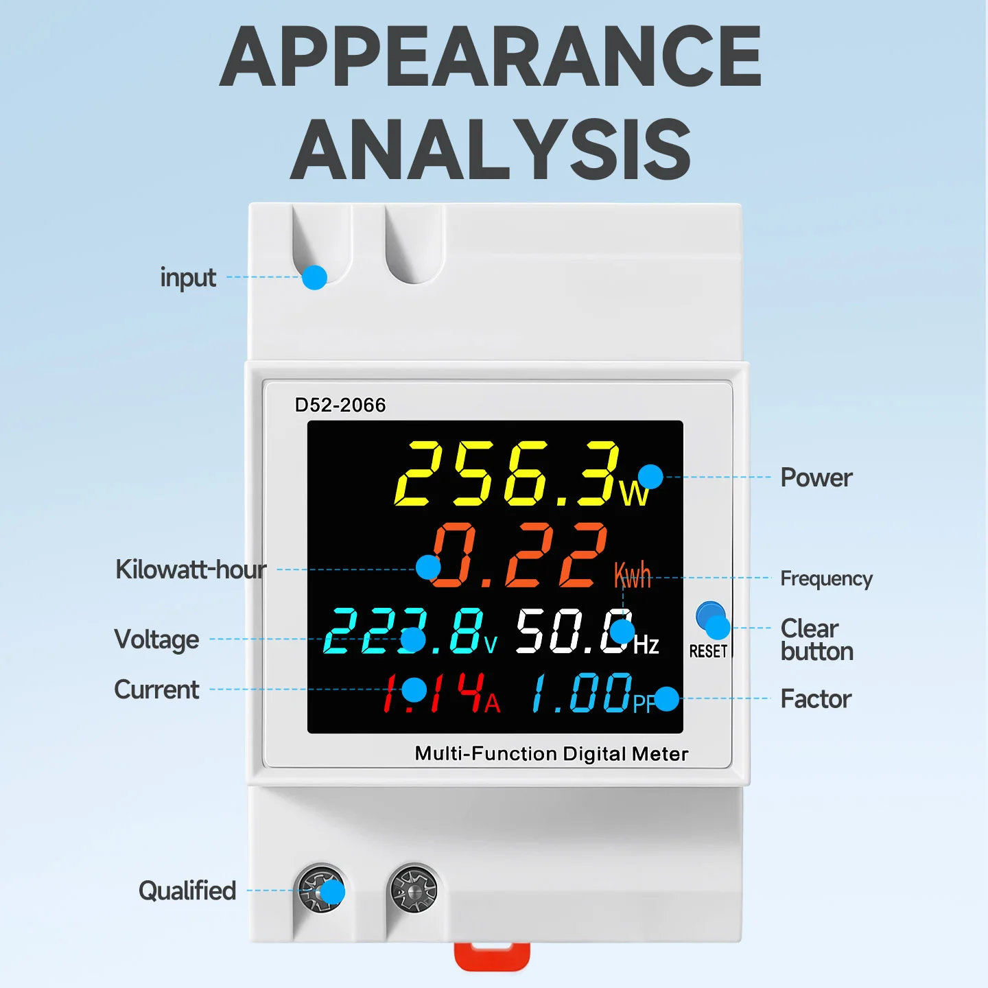 TDNK D52-2066 Din Rail Digital Multifunction Energy Meter AC 220V Voltmeter Ammeter Wattmeter Kwh Frequency Power Factor Monitor