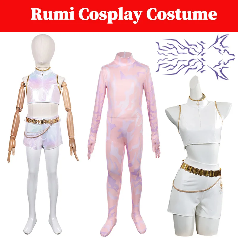 Rumi K POP chasseur de démons enfants filles Cosplay blanc Gloden Costume tatouage combinaison tatouage autocollant tenues enfant Halloween rôle Costume