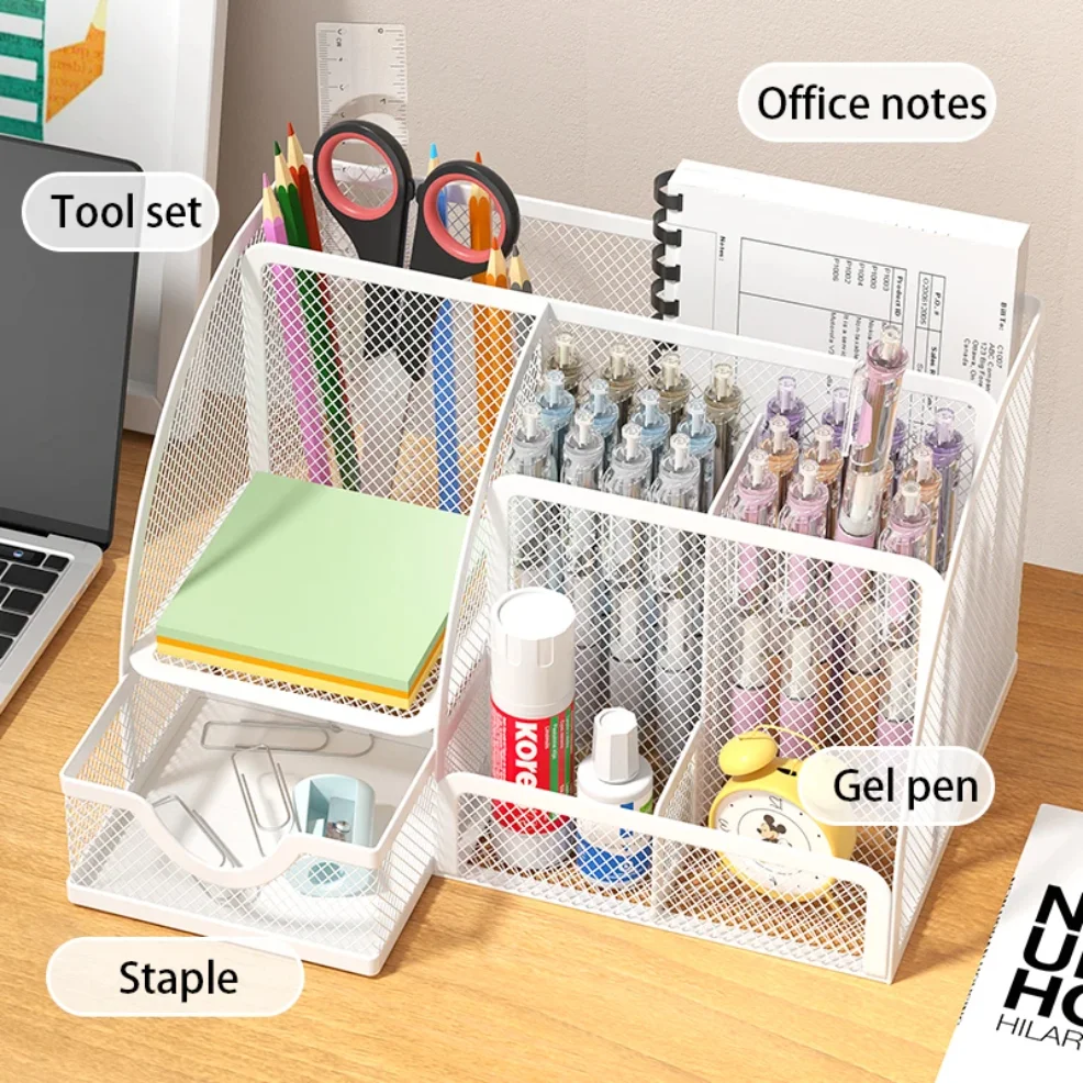 Mesh Pen Holder and Organizer Office Supplies with 7 Compartments, Desktop Organizer with Drawer, Metal Pen Holder for Desk