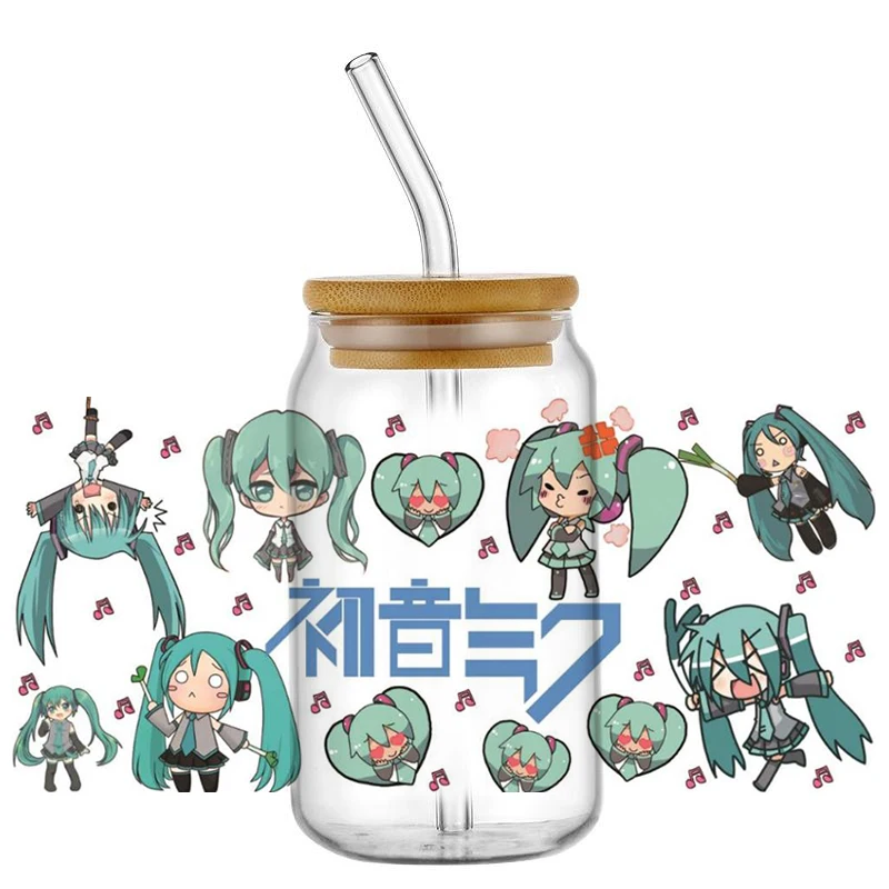 Hatsune Miku UV DTF Cup Wrap 16oz Uvdtf Bottle Glass DIY Selfadhesive Washable Transfer Stickers Durable Glass Car Decals view 4