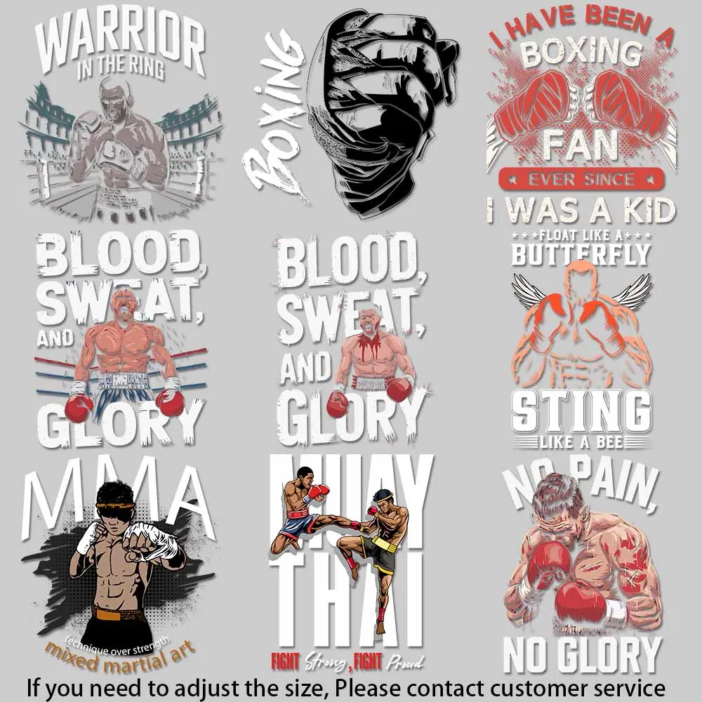 Boxing-Themed Heat Transfer Decals - NO PAIN NO GLORY, BLOOD SWEAT GLORY, Durable & Washable for T-Shirts Bags