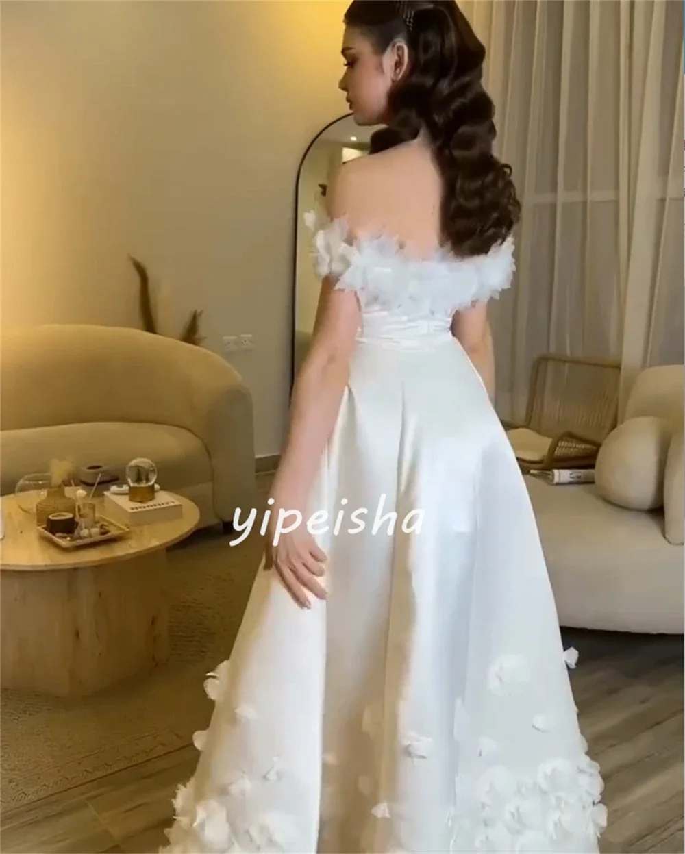 Satin Flower Ruched Engagement A-line Off-the-shoulder Bespoke Occasion Gown Long Dresses