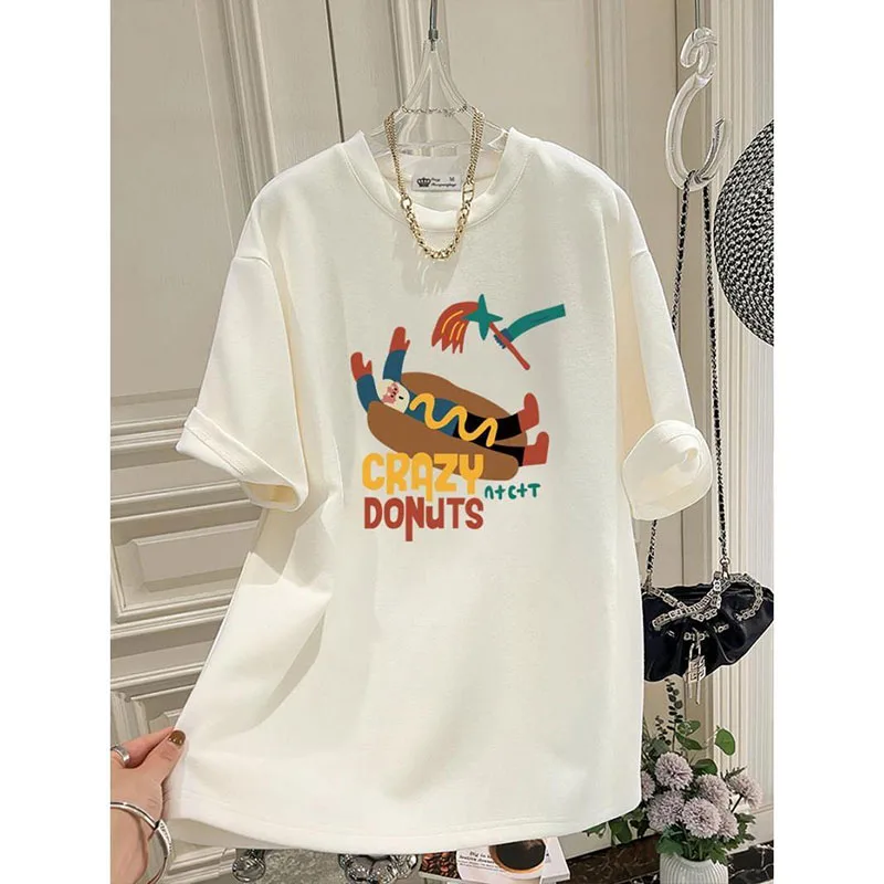 Women Korean Version Fun Cartoon Hamburg Print Tshirt Summer Pure Cotton O-neck Short Sleeve Basic Top Tee Casual Loose Pullover