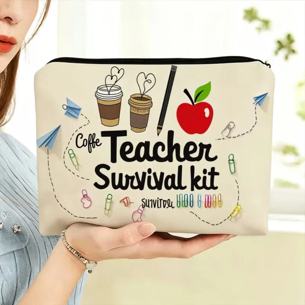 Teacher Survival Kit Canvas Makeup Pouch Cute Apple Coffee Print Zipper Bag Perfect Gift for Teachers School Season Present