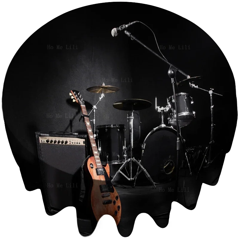 Music Instrument Guitar Drum Set On Black Background Round Tablecloth By Ho Me Lili For Kitchen Dining Room