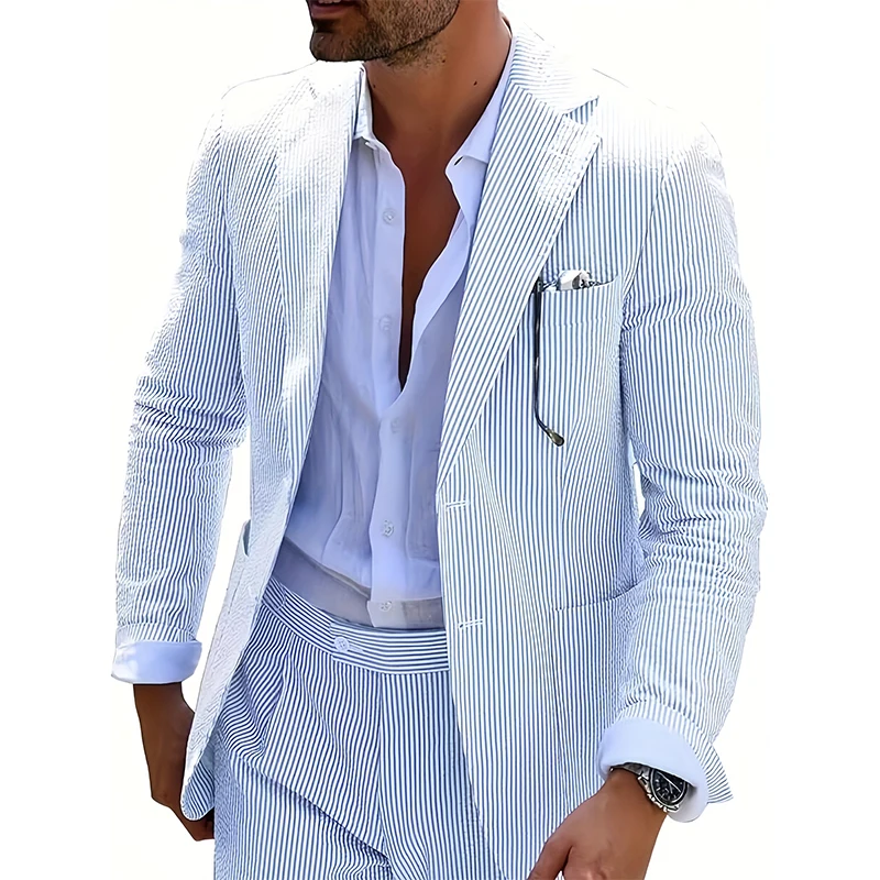 Suit Blazer Jacket Men's Striped Seersucker Suit Jacket Summer Lightweight Casual Blazer Wedding Business Formal Event Occasions
