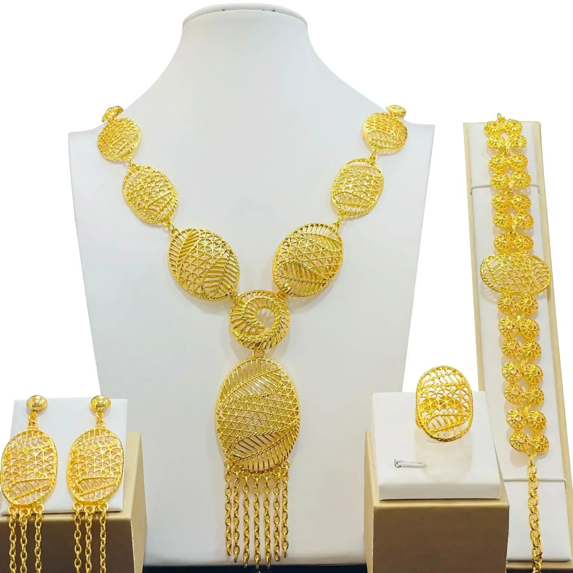 Fashion Dubai Gold Color Jewelry Set For Women African India Long Chain Tassels Necklace Earrings Bracelet Ring Set Party Gift