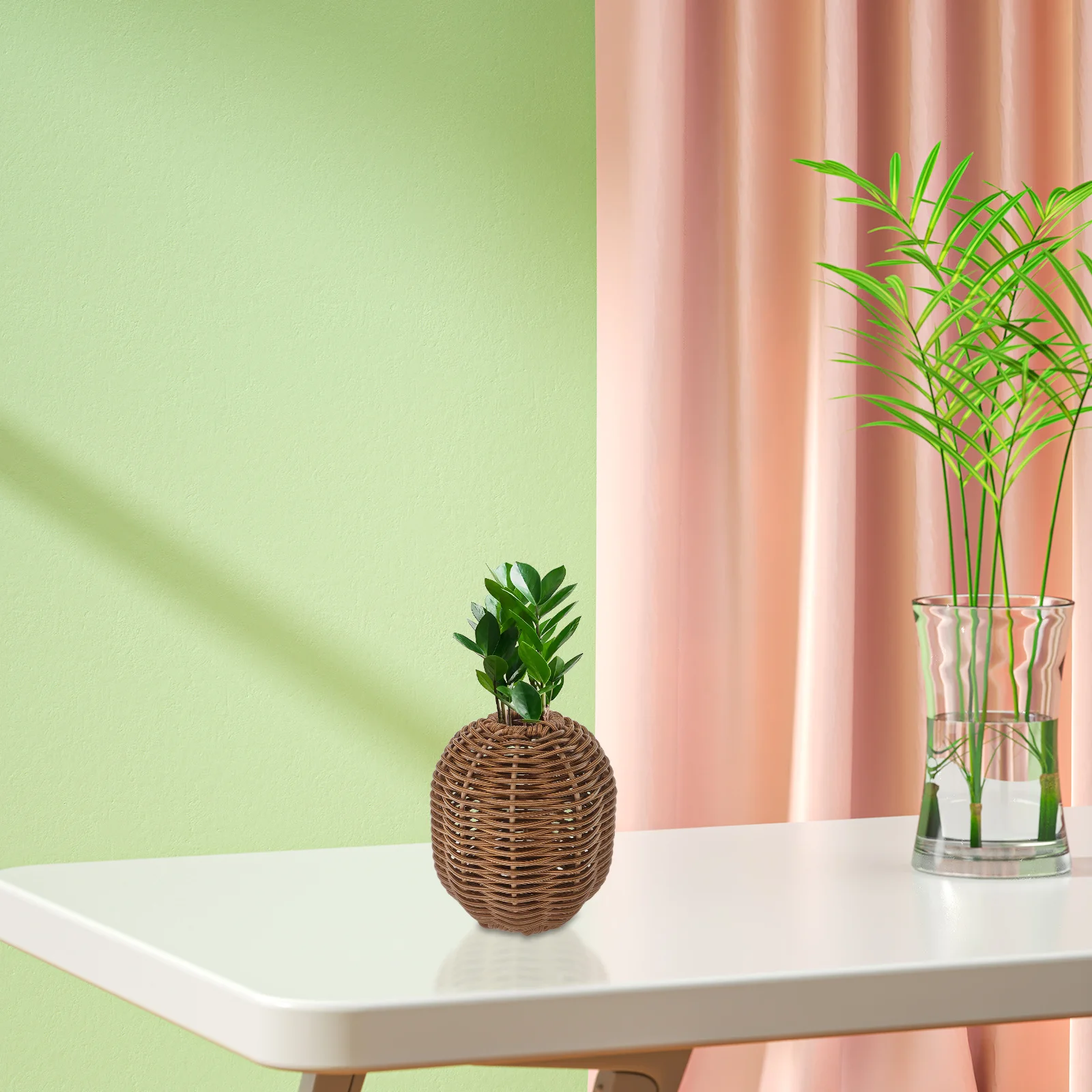 

Hand Woven Faux Rattan Vase Plastic Wicker Flower Basket Boho Home Decor Farmhouse Table Centerpiece Dried Flower Arrangement