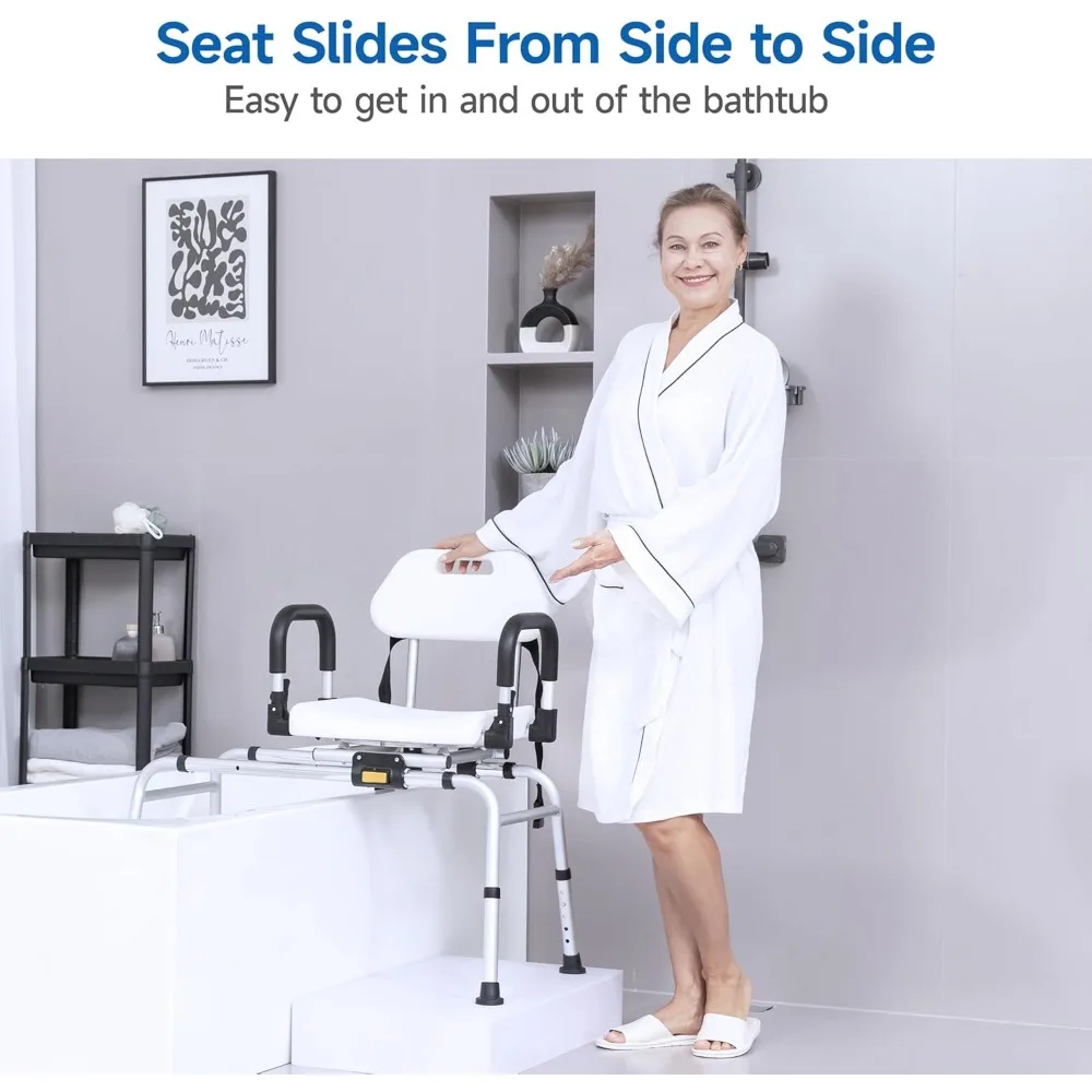 Sliding Shower Chair, Transfer Stool with Swivel Arms, Seat Belt, Drainage Holes, Non-Slip Feet, Bathtub Shower Chair