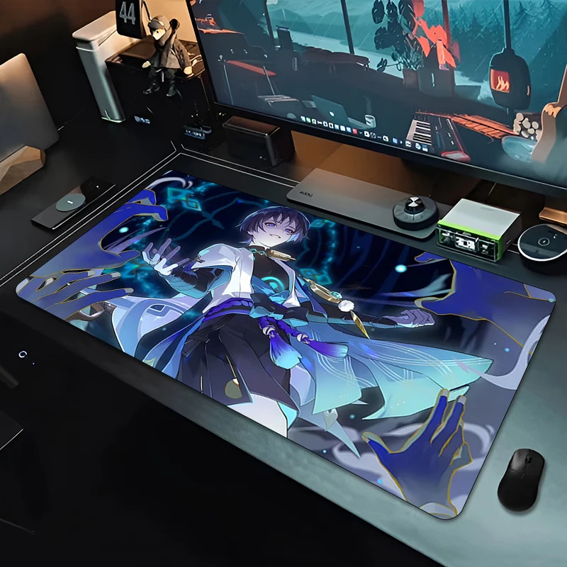 Mouse Pad Genshin Impact Scaramouche Large Rubber Keyboard Mouse Carpet Anti-Slip Gamer Mouse Pad Coaster HD PC Carpet Mousepad