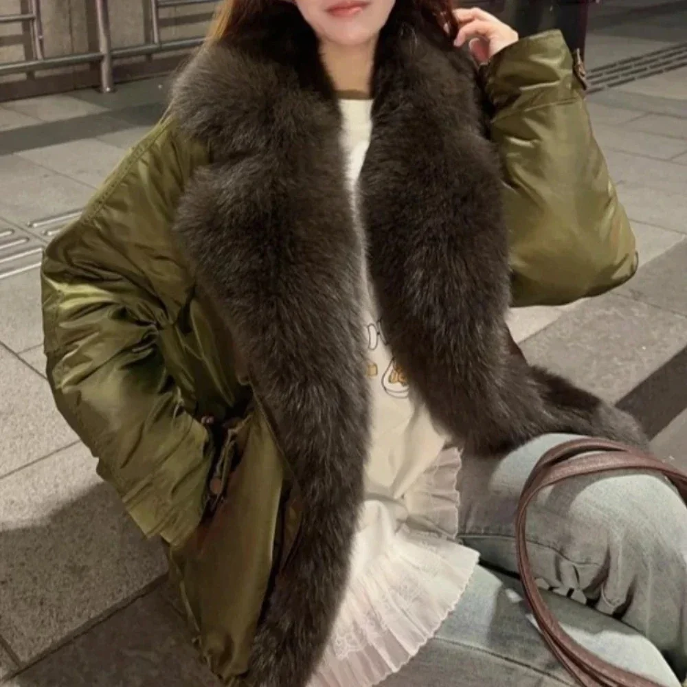 

2025 Down Jacket Women Real Fur Jacket Winter White Goose Down Coat Fox Fur Collar Luxury Outwear Loose Female Puffer Jacket