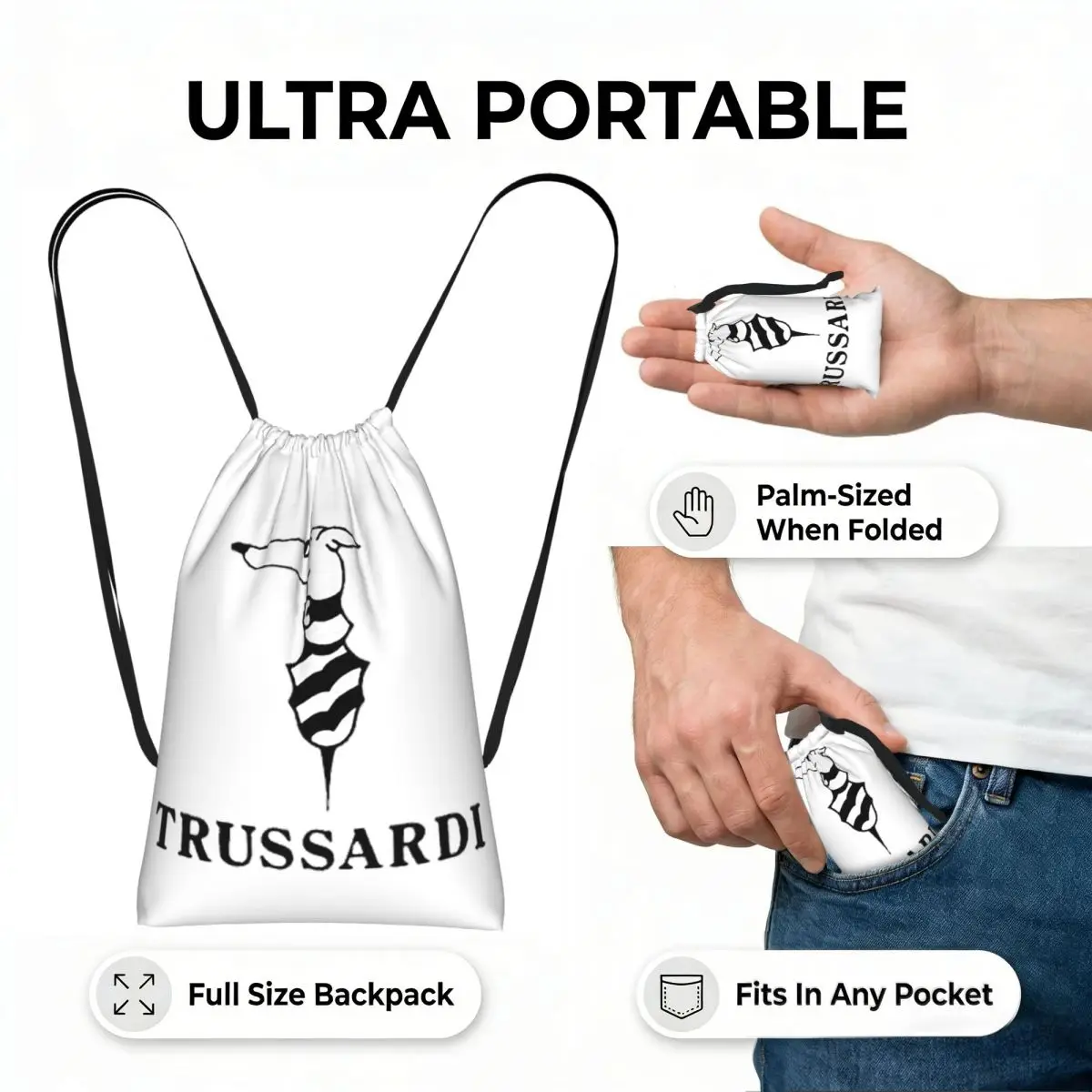 Trussardis Logo Drawstring Backpack hiking cycling Bag Lightweight Foldable Storage Drawstring Bag for Men Women