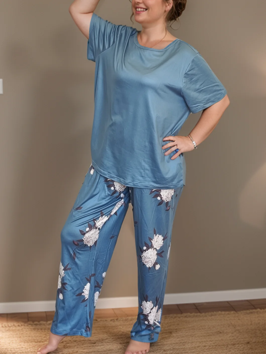 Big Size Women's   Pajama Set Blue Floral Print Elegant Sexy Cool Comfort Round Neck Short Sleeve Elastic Waist Pants Sleepwear
