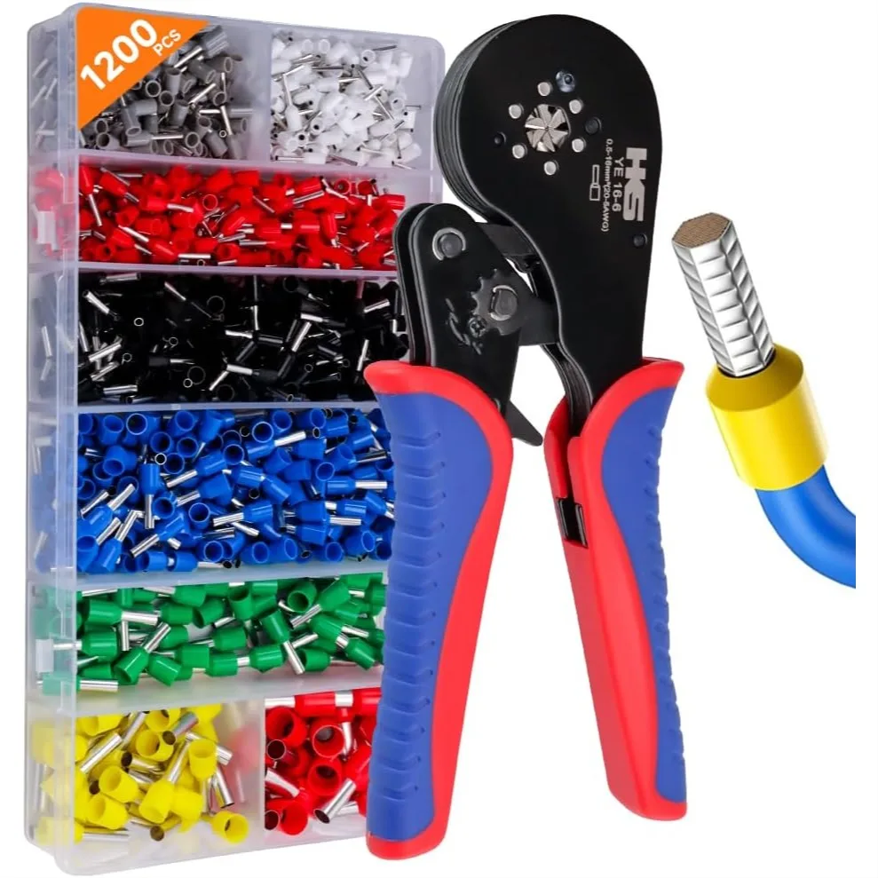 

Ferrule Crimping Tool Kit AWG 30-5 with 1200PCS Red Copper Terminals, Hexagonal Self-Adjusting Ratchet Crimper for End-Sleeves
