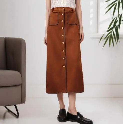 

2025 Autumn New Vintage Suede Single breasted High waisted Fashion Classic Half Skirt Autumn/Winter Skirt Women's Wear