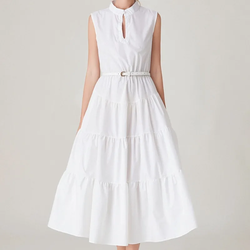 

Vintage Sleeveless White Dress Bodycon Women with Belt Summer Holiday Elegant Vestidos Runway Design O-neck Dresses Party