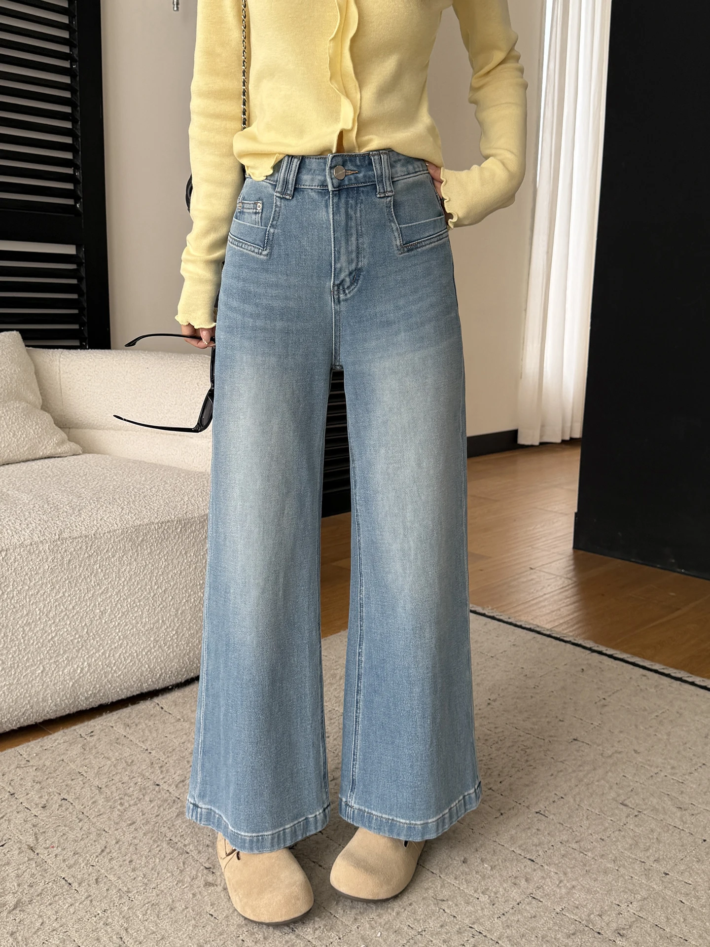 

Universal Women's High Waist Slimming Wide Leg Jeans Light Blue High Elastic Cotton Spring Fashion Breathable Comfortable