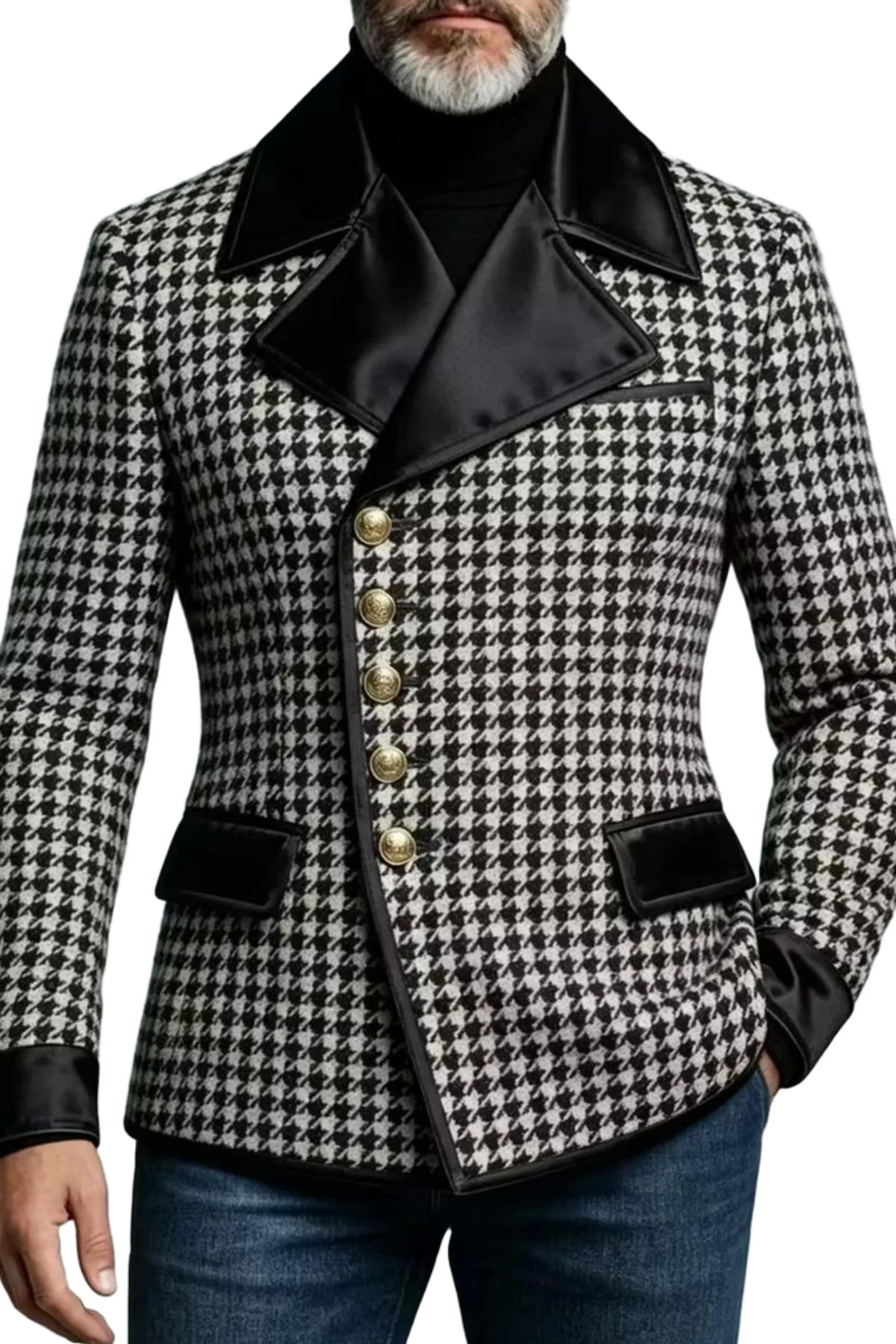 Luxury Black White Houndstooth Blazer with Contrast Satin Lapel and Gold Buttons Men Autumn Party Suit Jacket Customized M266909