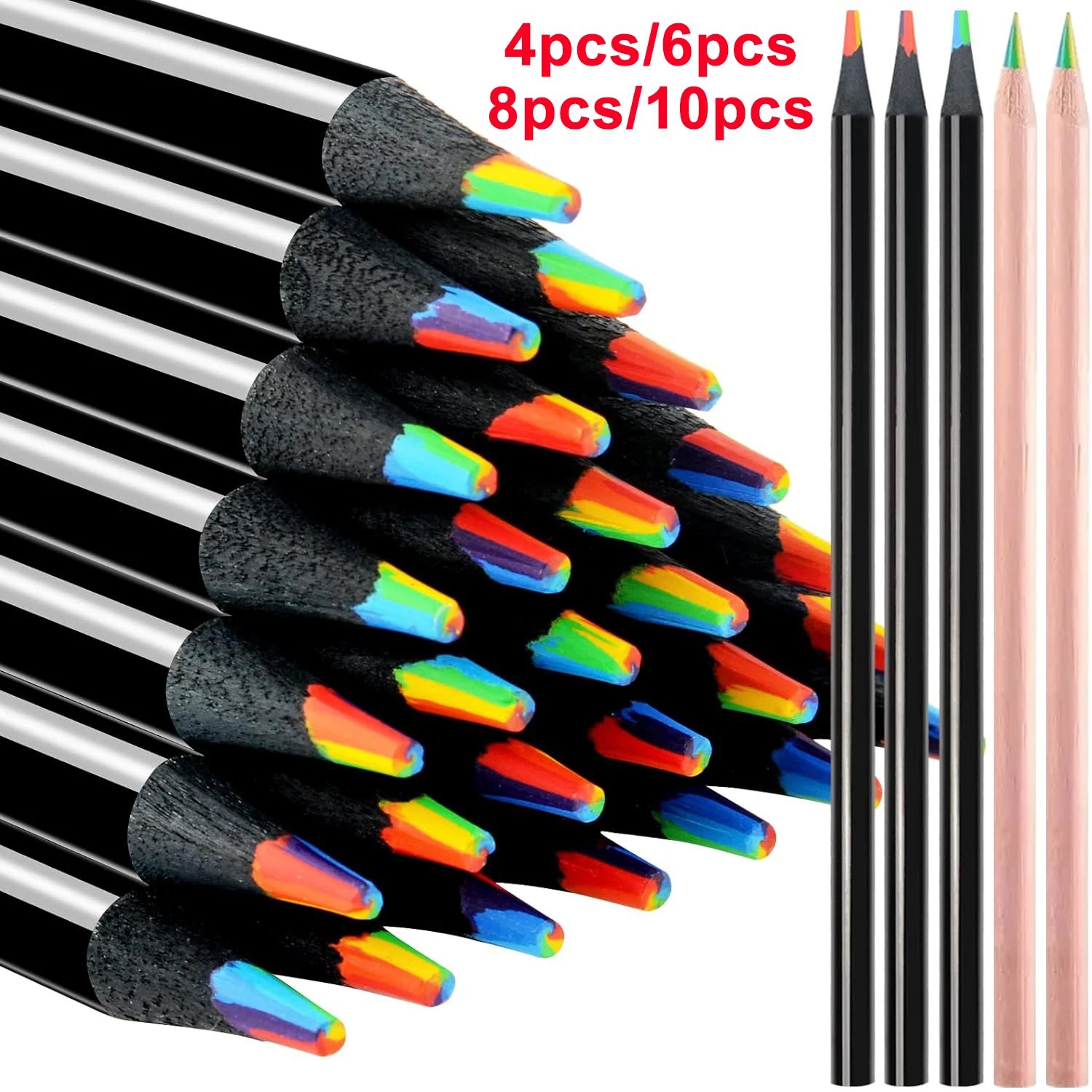 4/6/8/10pcs Mix 7-color Black Wood Rainbow Core Colored Pencil Drawing Tool Wooden Pencil Art Soft Layered Advanced Lead Drawing