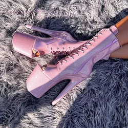 Woman Delicate Pink Girly Heels 20Cm Platform Boots Peep Toe Stiletto Zip Calf Booties Sugarbaby Glitterati Lace Pole Dance Shoe