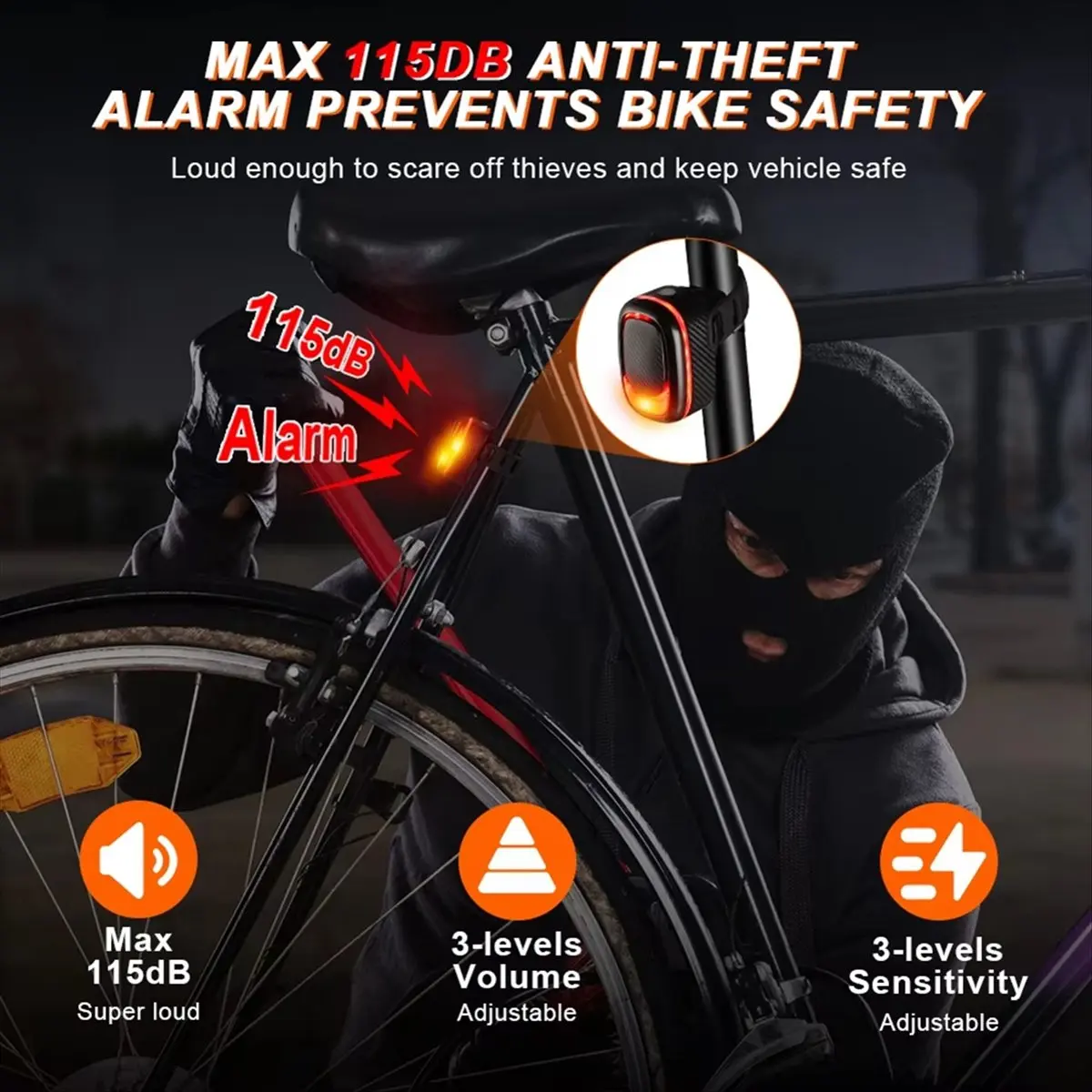 A61P 115dB Remote Control Bike Taillight Anti-Theft Vibration Alarm Waterproof Wireless Bike Motorcycle Brake Sensing Rear view 5
