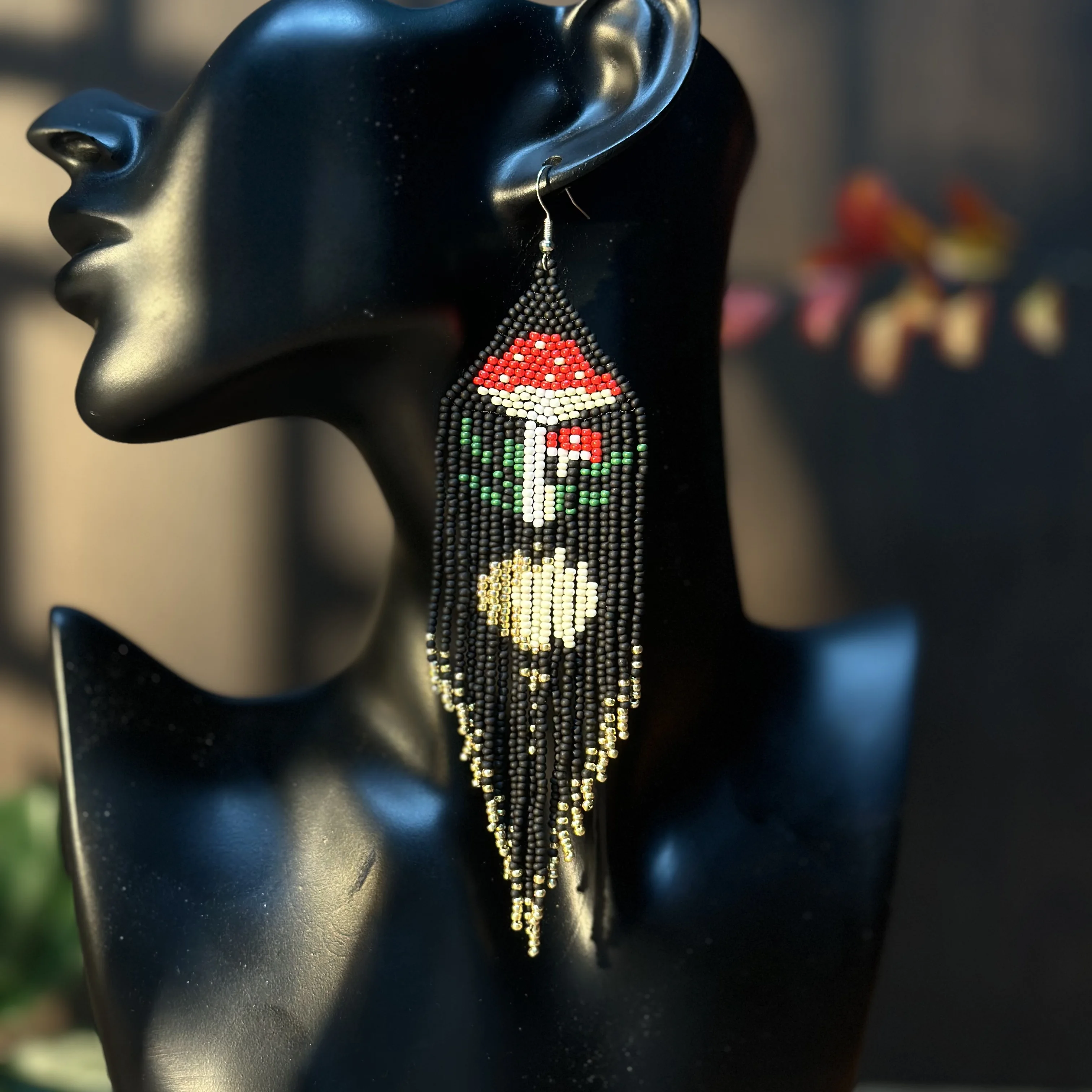 Handmade Creative Dangle Mushroom Earrings Bohemian Glass Bead Long Tassel Beaded Earrings Women's Fashion Beads Hook Earrings