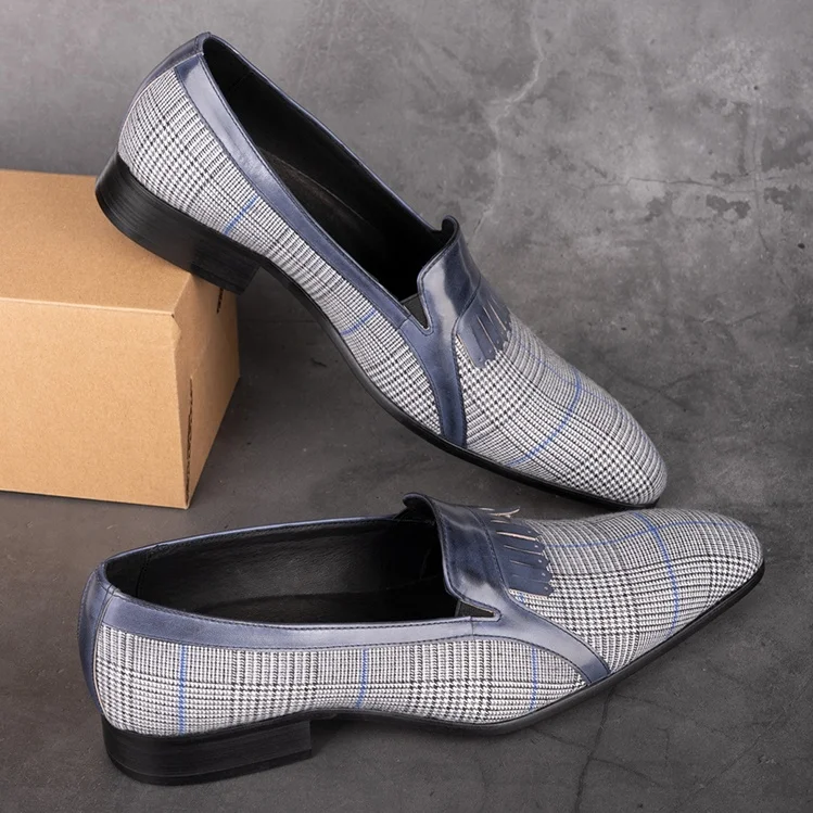 

Cotton Plaid Tweed Leather Loafer Pointed Toe Slip on Handmade Blue Fringe Decor Business Casual Dress Men Shoes for Office
