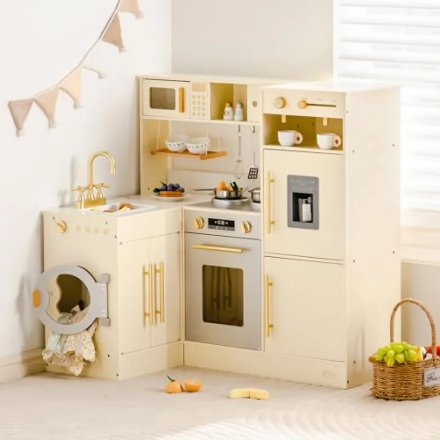 

Wooden play kitchen set for pretend corner use, natural wood finish, all-in-one combination-style design with refrigerator, lau