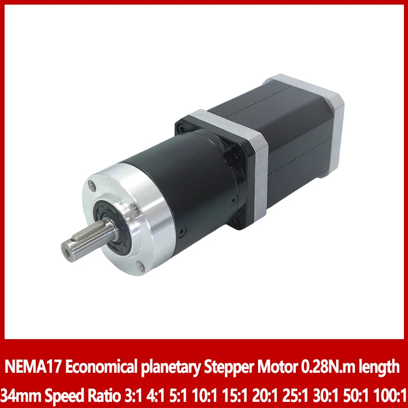 

NEMA17 Экономичный планетарный шаговый двигатель 0,28 Нм, длина двигателя 34 мм, передаточное число 3:1 4:1 5:1 10:1 15:1 20:1 25:1 30:1 50:1 100:1